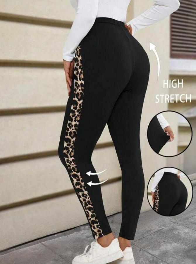 Yüksek Bel Yanları Leopar Şerit Detay Dalgıç Tayt