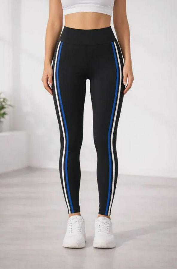 Likralı Yan Beyaz Mavi Şeritli Detaylı Tayt