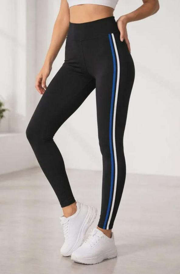 Likralı Yan Beyaz Mavi Şeritli Detaylı Tayt