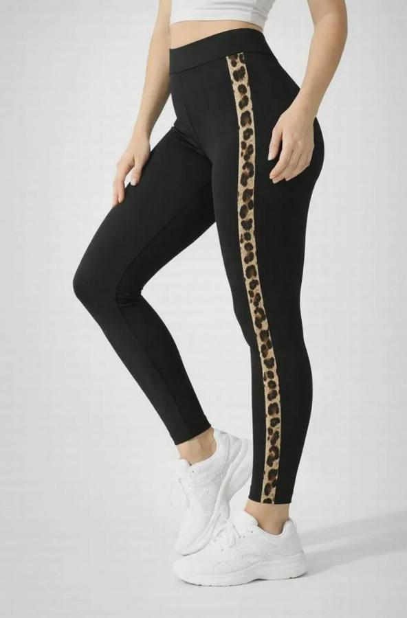 Likralı Yan Leopar Şeritli Detaylı Tayt