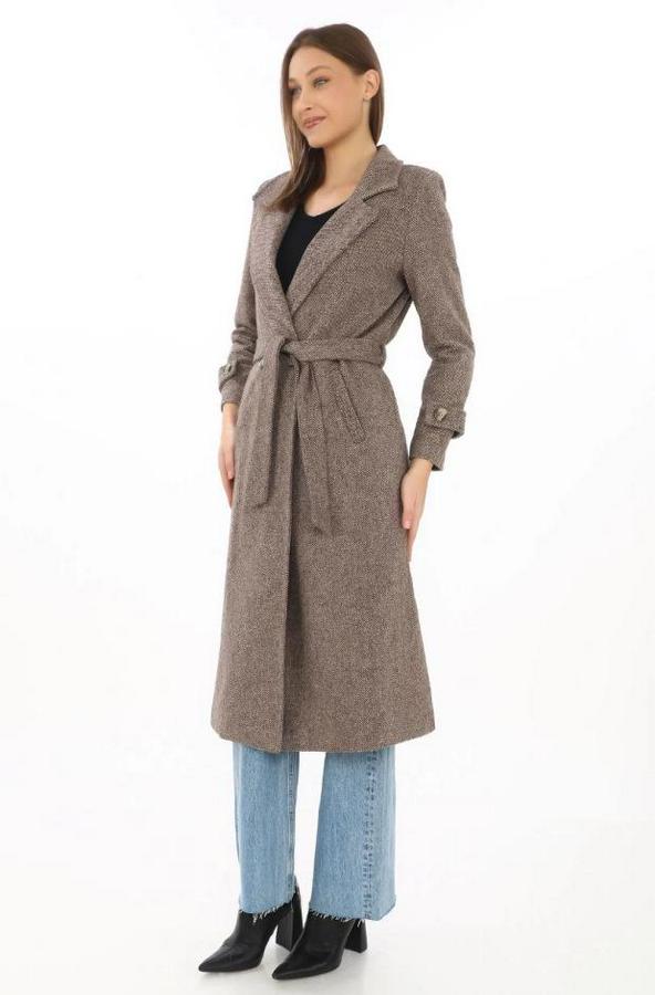 Balık Sırtı Kaşe Kaban – Uzun Boy Kruvaze Yaka Kuşaklı Astarlı Kışlık Tesettür Kaban, Yünlü Dokuma Kaşmir Kumaş, Cepli Rahat Oversize Kalıp Şık Modern