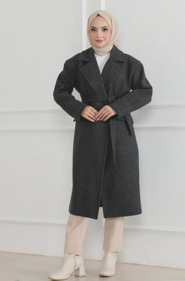 Kaşe Kaban Uzun Boy 115 Cm Kruvaze Yaka Kuşaklı Astarlı Tesettür Kaban Yünlü