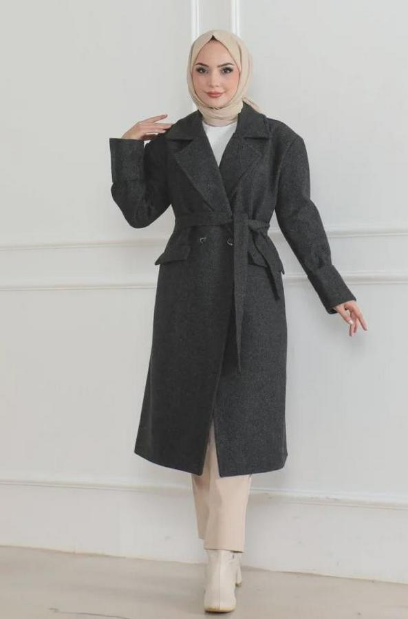 Kaşe Kaban Uzun Boy 115 Cm Kruvaze Yaka Kuşaklı Astarlı Tesettür Kaban Yünlü