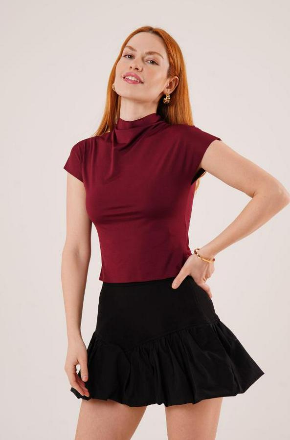 Boğazlı Parlak Kumaş Bordo Crop