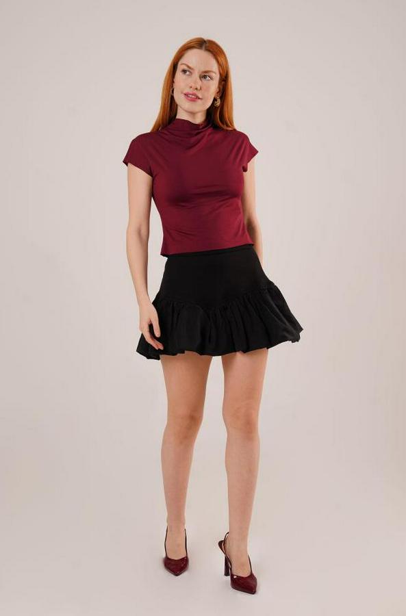 Boğazlı Parlak Kumaş Bordo Crop