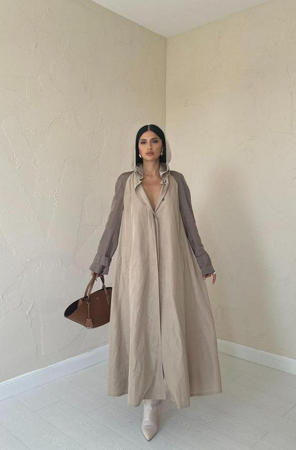 Taba Kapüşonlu Uzun Trençkot