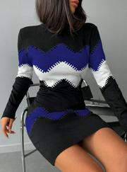 Uzun Kollu Zigzag Desen Triko Elbise