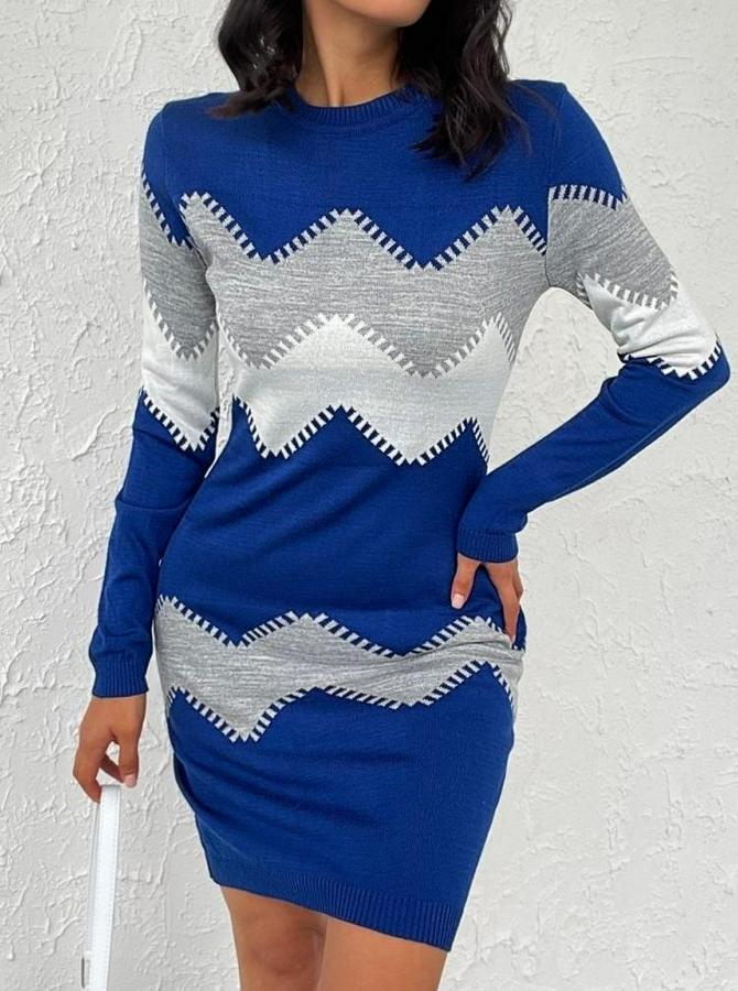 Uzun Kollu Zigzag Desen Triko Elbise