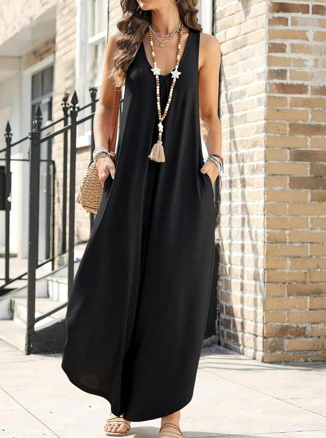 Askılı Yuvarlak Yaka Cepli Salaş Uzun Viskon Tulum