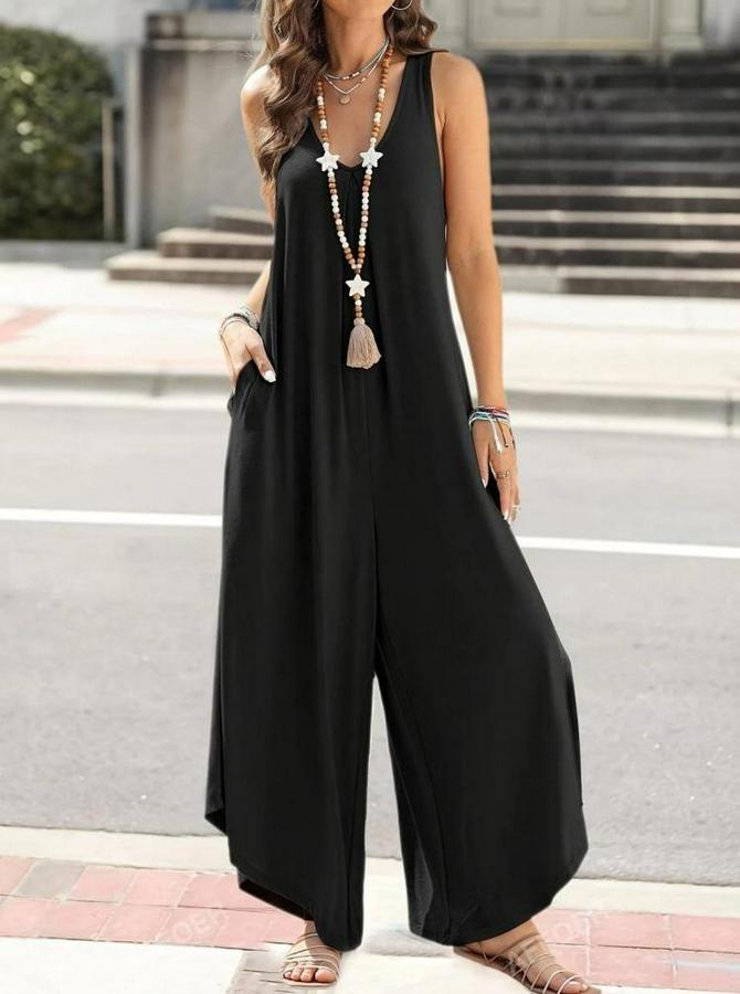 Askılı Yuvarlak Yaka Cepli Salaş Uzun Viskon Tulum