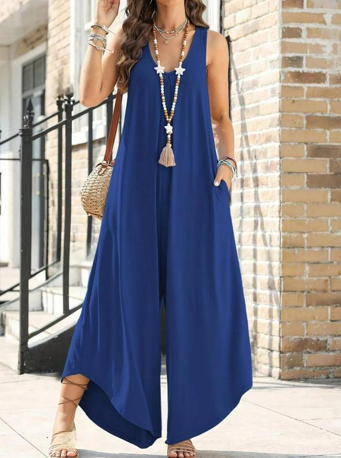 Askılı Yuvarlak Yaka Cepli Salaş Uzun Viskon Tulum