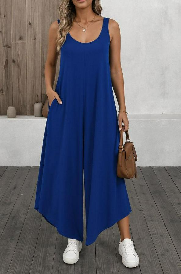 Askılı Yuvarlak Yaka Cepli Salaş Uzun Viskon Tulum