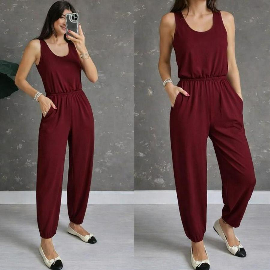 Askılı Yuvarlak Yakalı Cepli Viskon Tulum