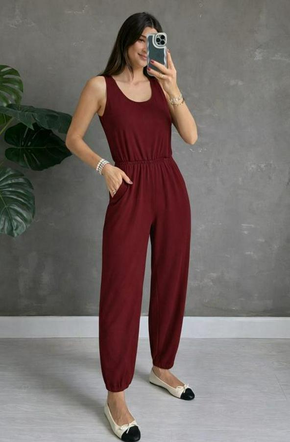 Askılı Yuvarlak Yakalı Cepli Viskon Tulum