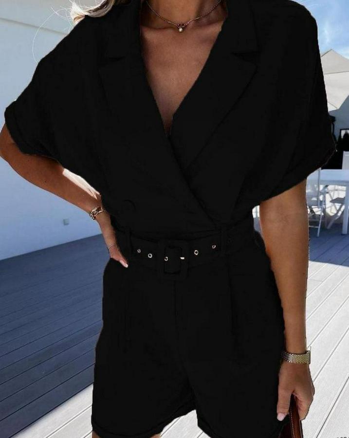 Ceket Yaka Pileli Kemer Dahil Şort Tulum