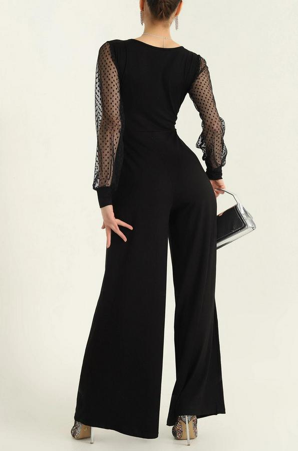 Derin V Yaka Kolları Puantiyeli Tül Detay Ispanyol Paça Tulum