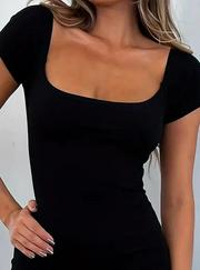 Kısa Kollu Kare Yaka Mini Bodycon Dalgıç Tulum