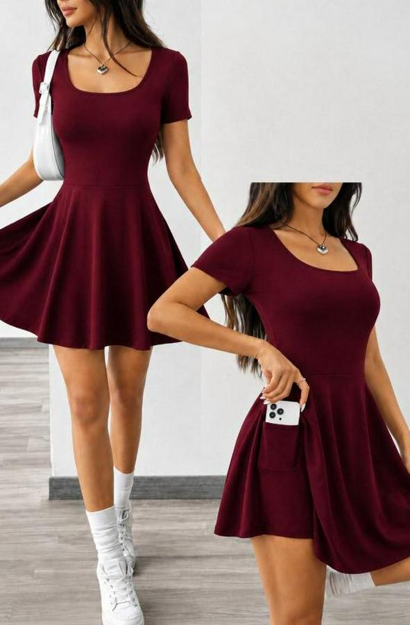 Kısa Kollu Kare Yakalı Cep Detaylı Dalgıç Elbise Tulum