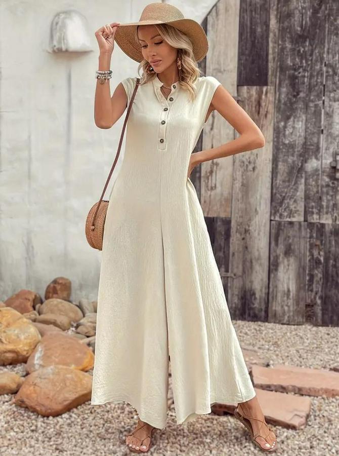 Kısa Kollu Önden Düğmeli Paçaya Doğru Geniş Cepli Uzun Bürümcük Tulum