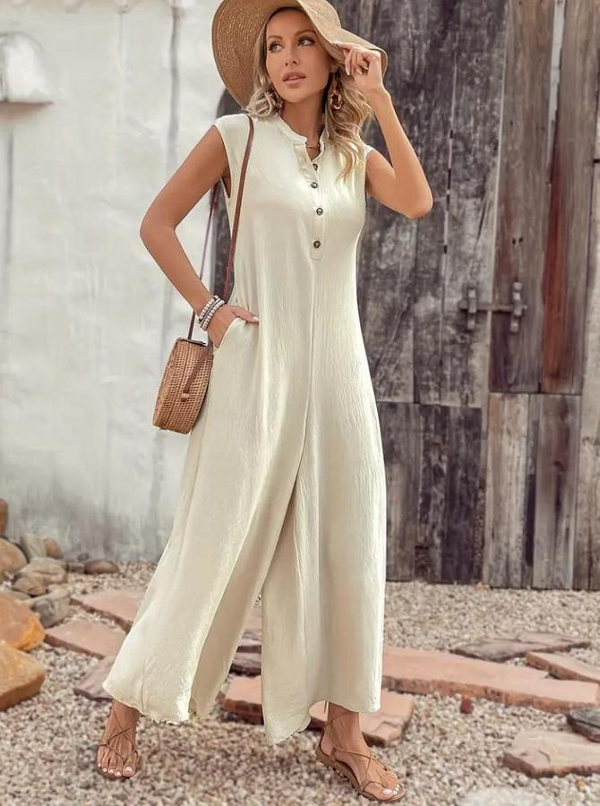 Kısa Kollu Önden Düğmeli Paçaya Doğru Geniş Cepli Uzun Bürümcük Tulum