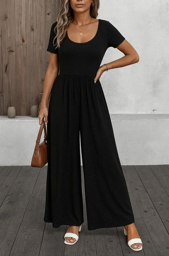 Kısa Kollu Yuvarlak Yaka Geniş Paçalı Bürümcük Tulum