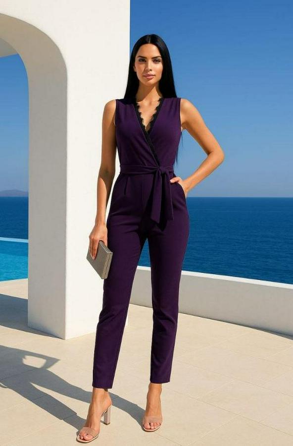 Kruvaze Yaka Dantel Güpür Ve Kuşak Detay Tulum