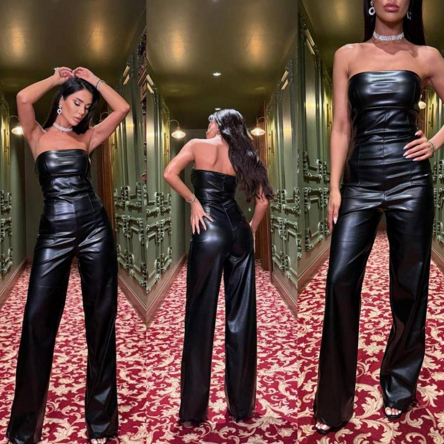 Likralı Deri Straplez Tulum