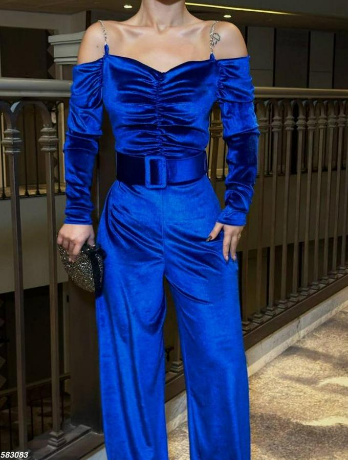 Modanna Yaka Zincir Askı Detay Kemer Dahil Kadife Kumaş Tulum