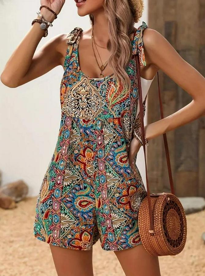 Omuzlardan Askılı Desenli Geniş Paçalı Süprem Tulum