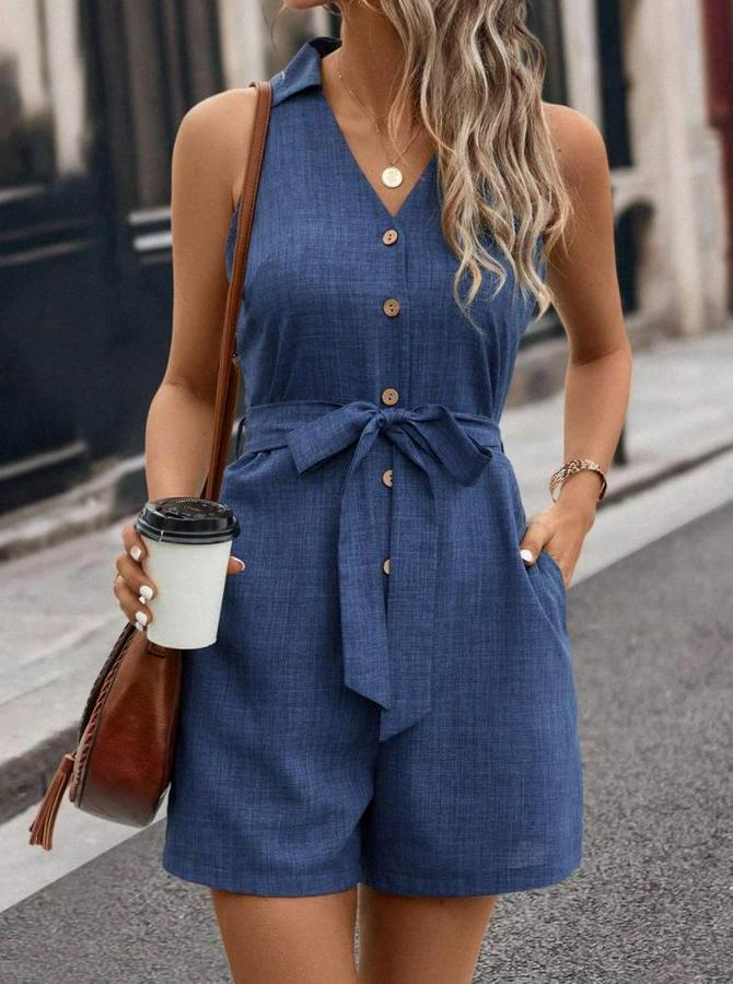 Sıfır Kollu Yakalı Düğmeli Belden Kuşaklı Kısa Keten Tulum