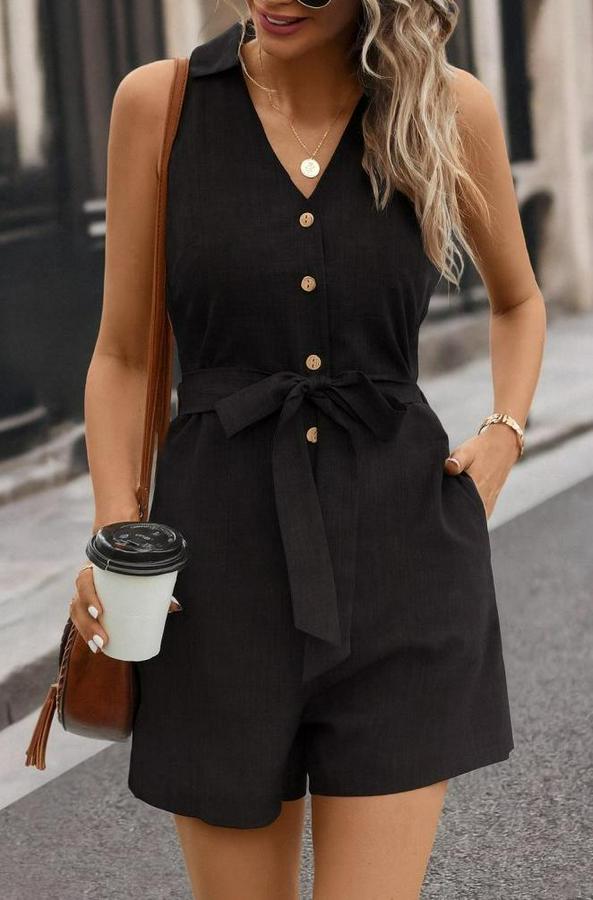 Sıfır Kollu Yakalı Düğmeli Belden Kuşaklı Kısa Keten Tulum