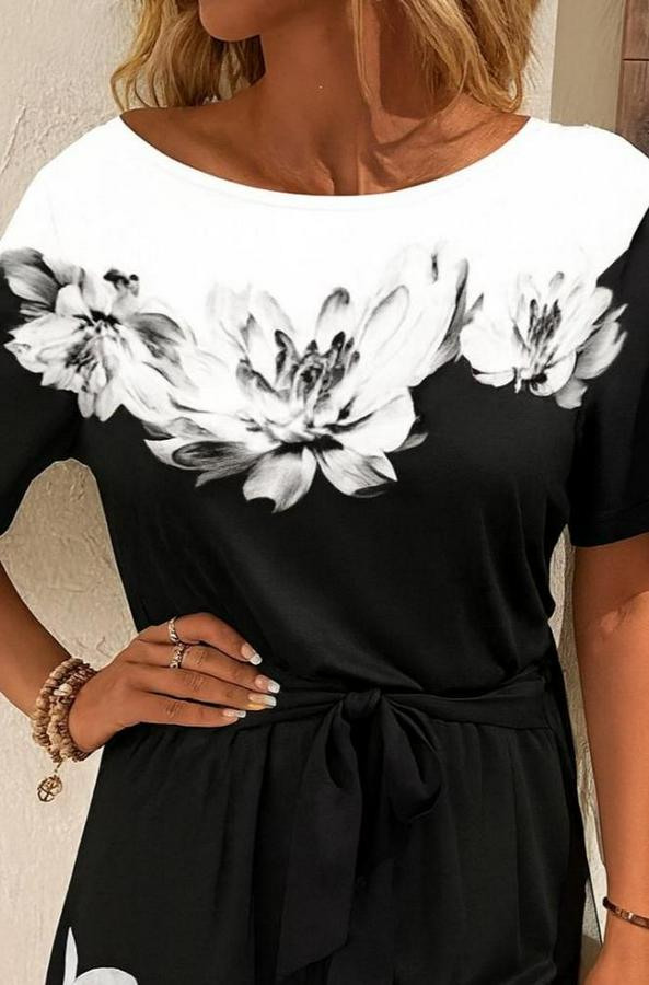 Tek Omuzu Açık Çiçek Desenli Beli Kuşaklı Iki Iplik Mini Short Tulum