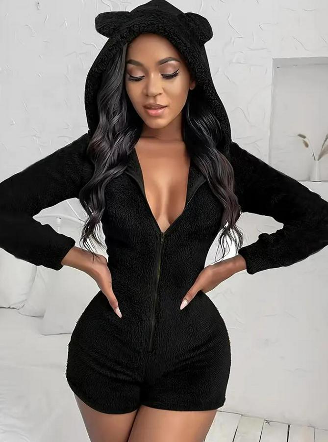 Uzun Kollu Kapişon Ve Fermuar Detaylı Peluş Şort Tulum