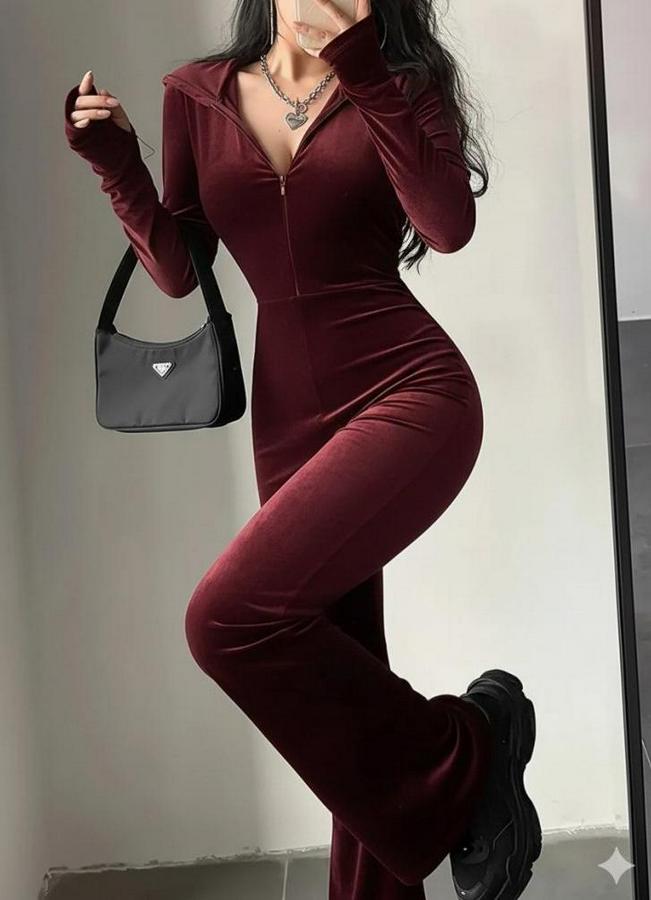 Uzun Kollu Kapşonlu Fermuarlı Kadife Tulum