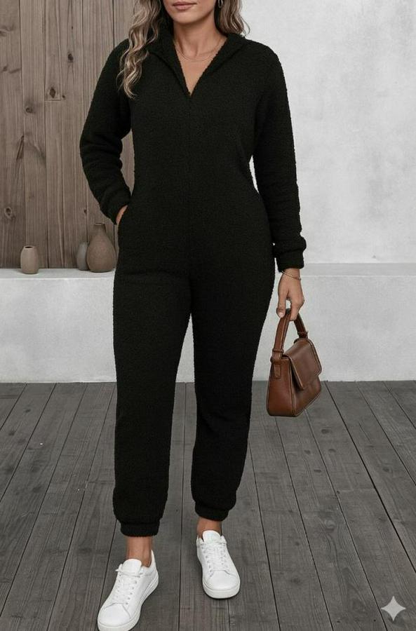 Uzun Kollu Kapüşonlu Tavşan Kulak Detaylı Peluş Tulum