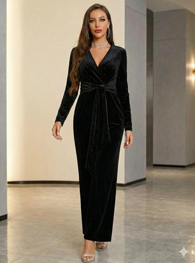 Uzun Kollu Kruvaze Yakalı Belden Kuşaklı Işıltılı Kadife Tulum