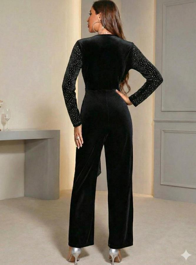 Uzun Kollu Kruvaze Yakalı Belden Kuşaklı Işıltılı Kadife Tulum