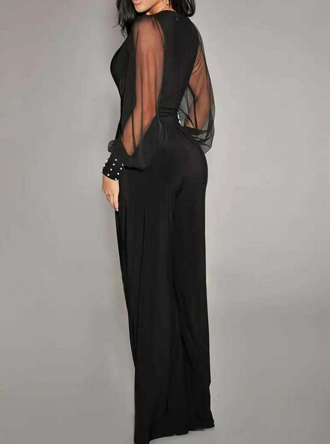 Uzun Kollu Kruvaze Yakalı Kolları Tüllü Viskon Tulum