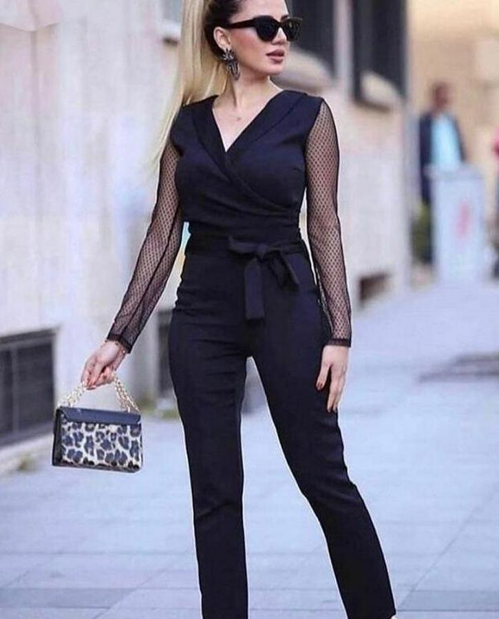 Uzun Kollu Kruvaze Yakalı Kolları Tül Detay Beli Kuşaklı Ithal Krep Tulum