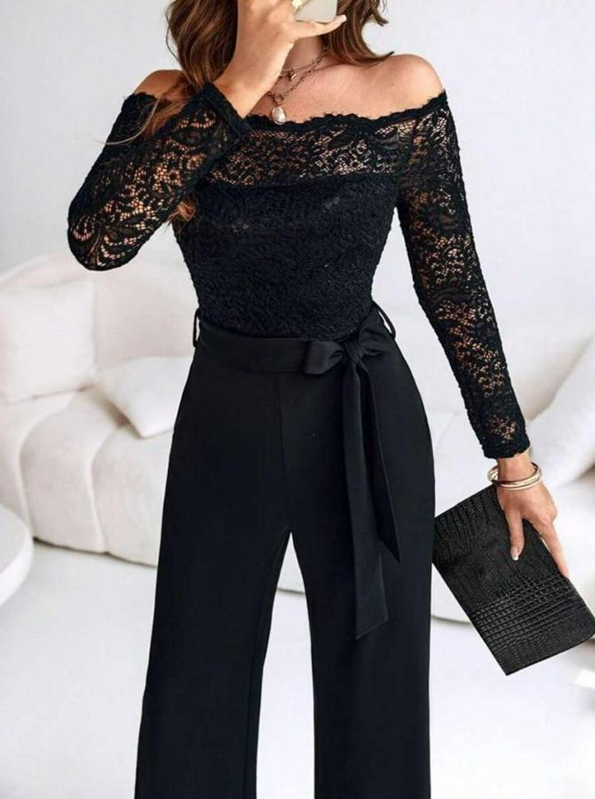 Uzun Kollu Madonna Yaka Dantelli Yandan Bağlamalı Ithal Krep Tulum