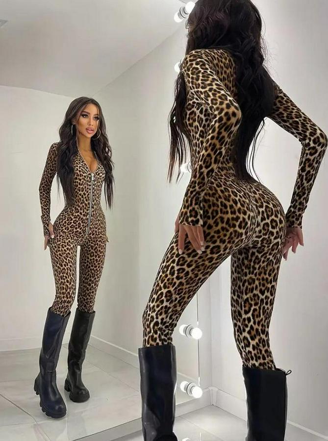 Uzun Kollu Önden Fermuarlı Parmaktan Geçmeli Leopar Desenli Dalgıç Tulum