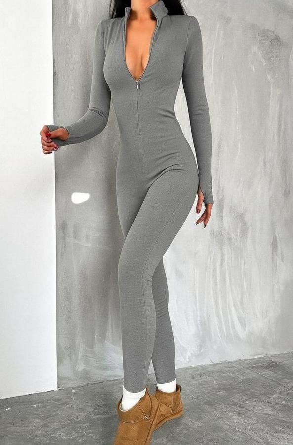 Uzun Kollu V Yaka Baş Parmak Geçirmeli Detay Kaşkorse Tulum