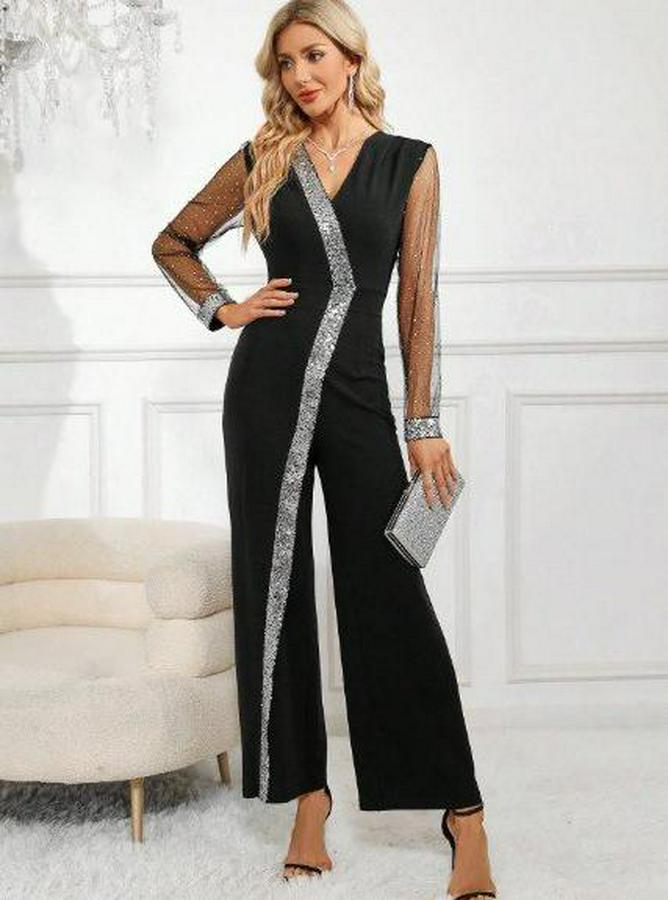 Uzun V Yakalı Önden Pulpayet Detaylı Tüllü Uzun Ithal Krep Tulum