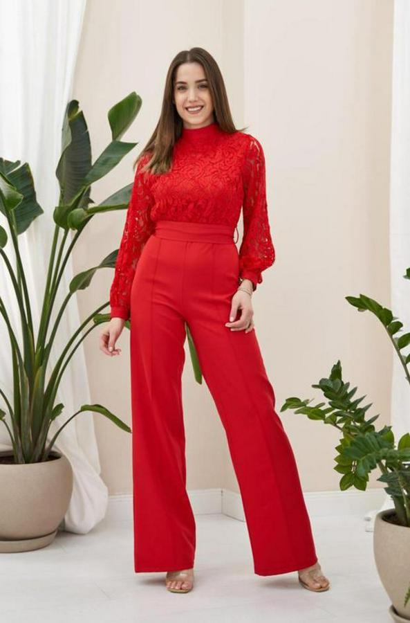 Kırmızı Üstü Dantel Tulum