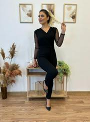 Krep Kumaş Kol Tül Puan Detaylı Kuşaklı Tulum 141 Cm