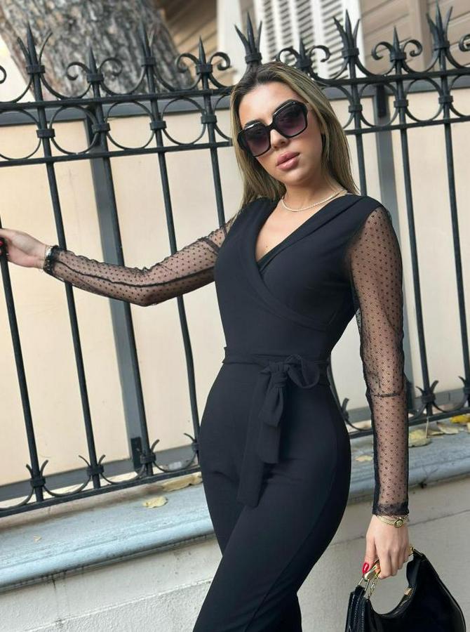 Krep Kumaş Kol Tül Puan Detaylı Kuşaklı Tulum 141 Cm