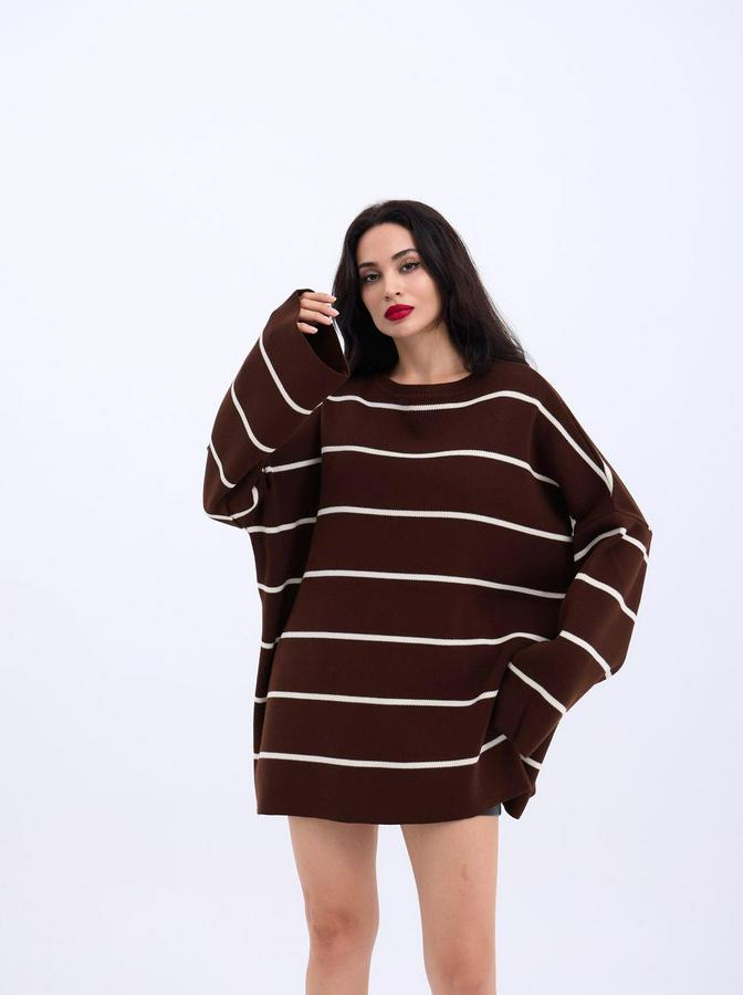 Çizgili Salaş Tunik-Kahve-Krem
