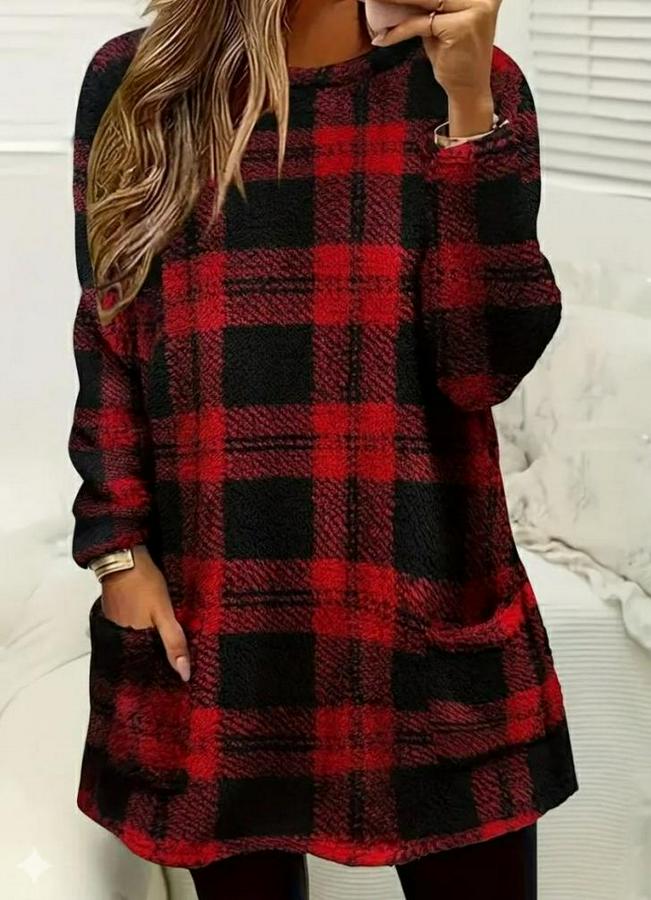 Uzun Kollu Yarı Balıkçı Yakalı Cep Detaylı Ekoseli Dokuma Tunik