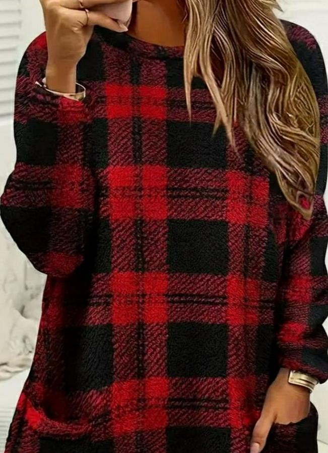 Uzun Kollu Yarı Balıkçı Yakalı Cep Detaylı Ekoseli Dokuma Tunik