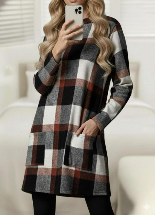 Uzun Kollu Yarı Balıkçı Yakalı Cep Detaylı Ekoseli Dokuma Tunik